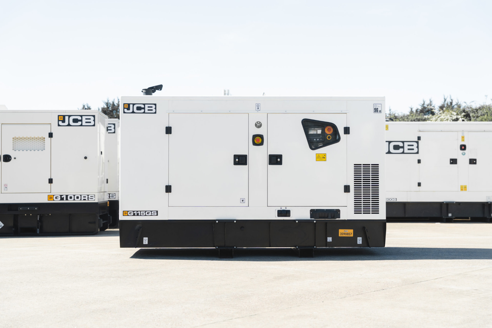 JCB G115QS mobile generator in a hire yard, part of the KVA Energy & Plant fleet