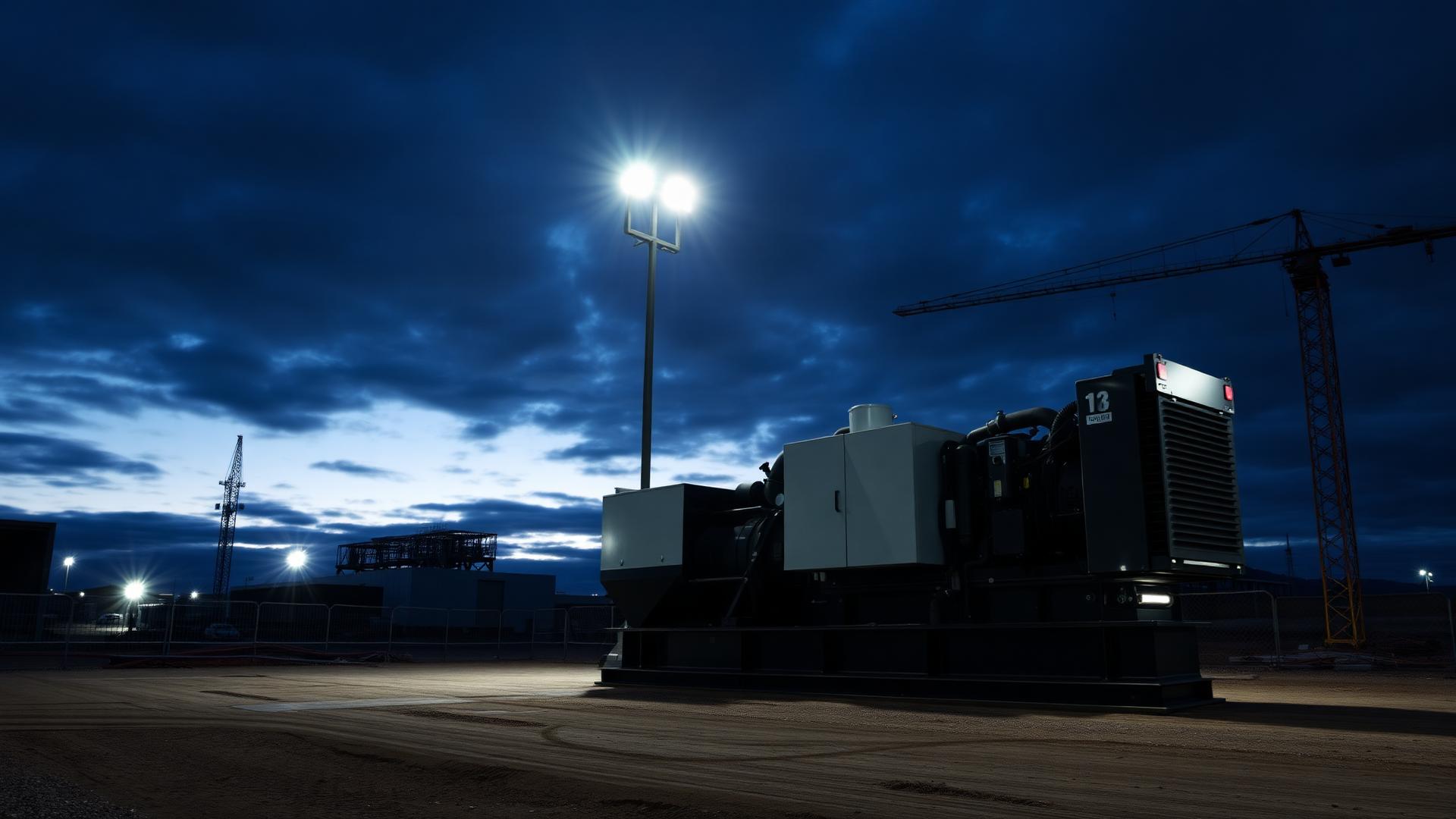 Generator running on site under floodlights at dusk